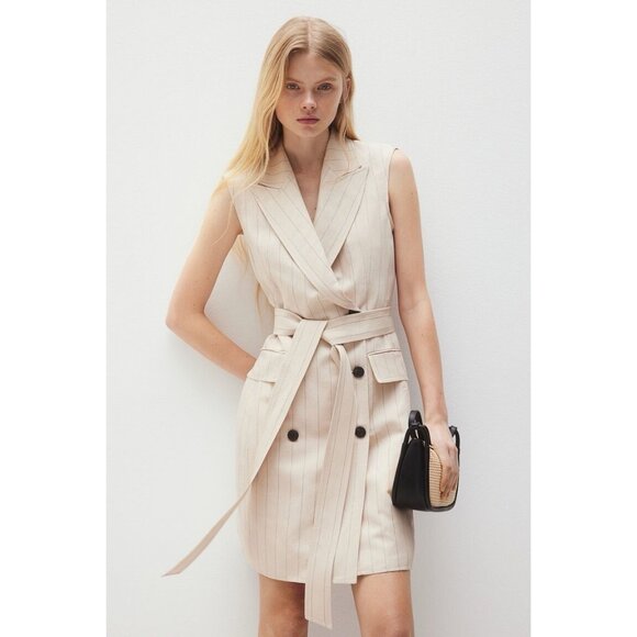 H&M Dresses & Skirts - NWT H&M Linen Blend Blazer Dress Womens M Tan Pinstripe Classic Career Office